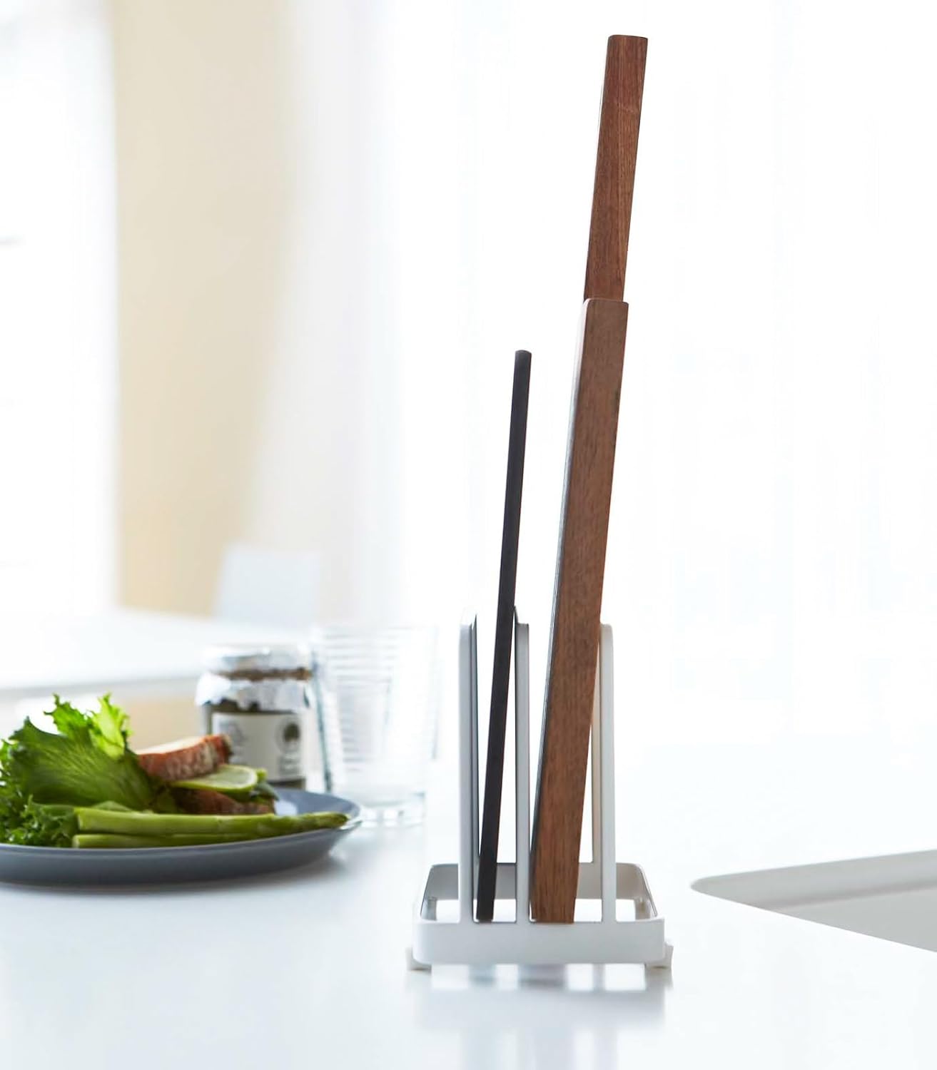 Modern Steel Cutting Board Storage Rack, Kitchen Plate Organizer Holder for Space-Saving Countertop Organization
