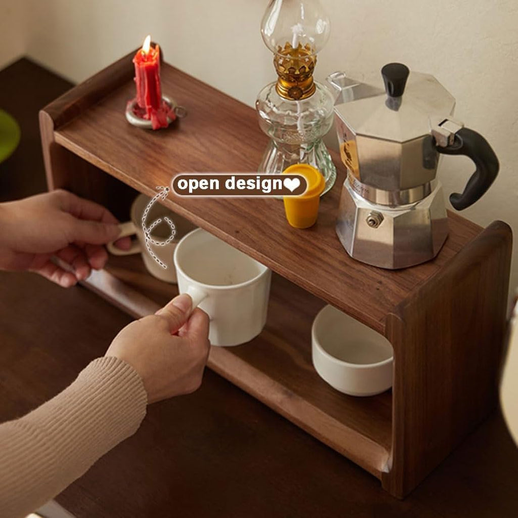 2-Tier Solid Wood Coffee Mug Display Rack - Walnut Finish Countertop Organizer for Kitchen, Coffee Station, Office, Spice Jar Storage Shelf and Cup Holder