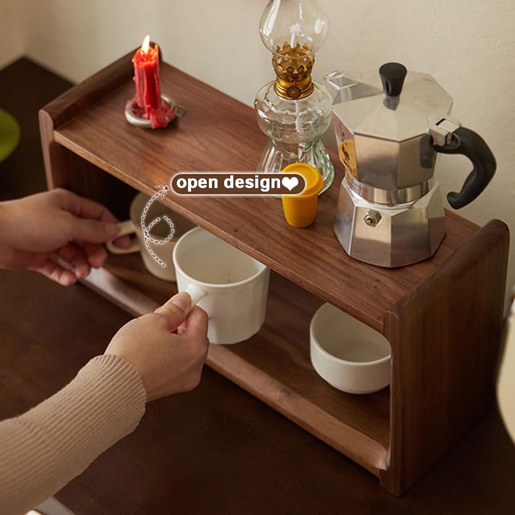 2-Tier Solid Wood Coffee Mug Display Rack - Walnut Finish Countertop Organizer for Kitchen, Coffee Station, Office, Spice Jar Storage Shelf and Cup Holder