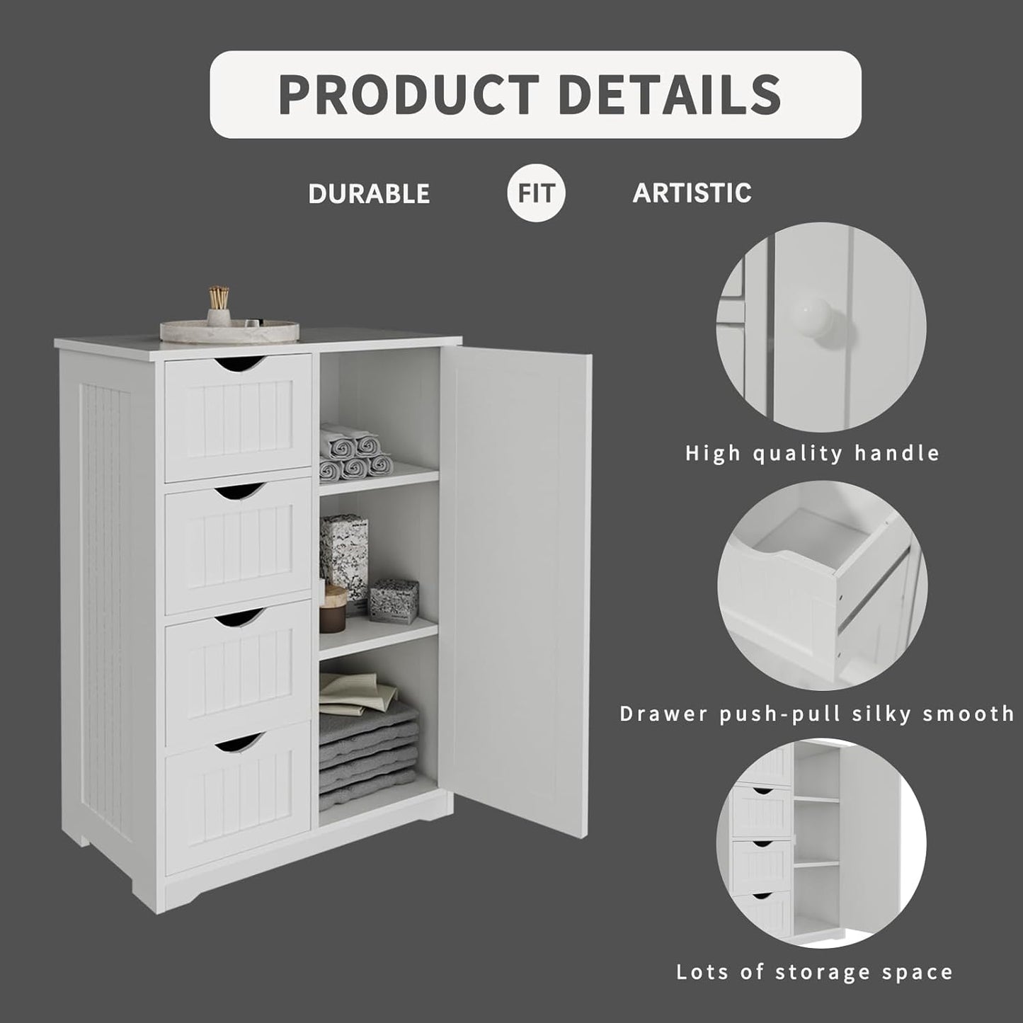Freestanding Bathroom Storage Cabinet with Drawers and Adjustable Shelves, Modern Tall Organizer for Bathroom, Laundry Room, Living Room & Entryway