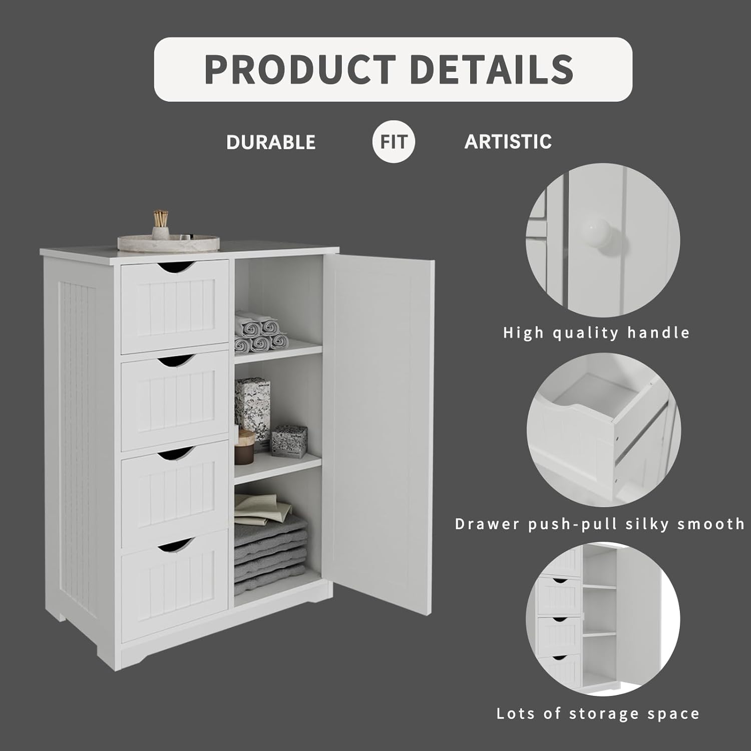 Freestanding Bathroom Storage Cabinet with Drawers and Adjustable Shelves, Modern Tall Organizer for Bathroom, Laundry Room, Living Room & Entryway