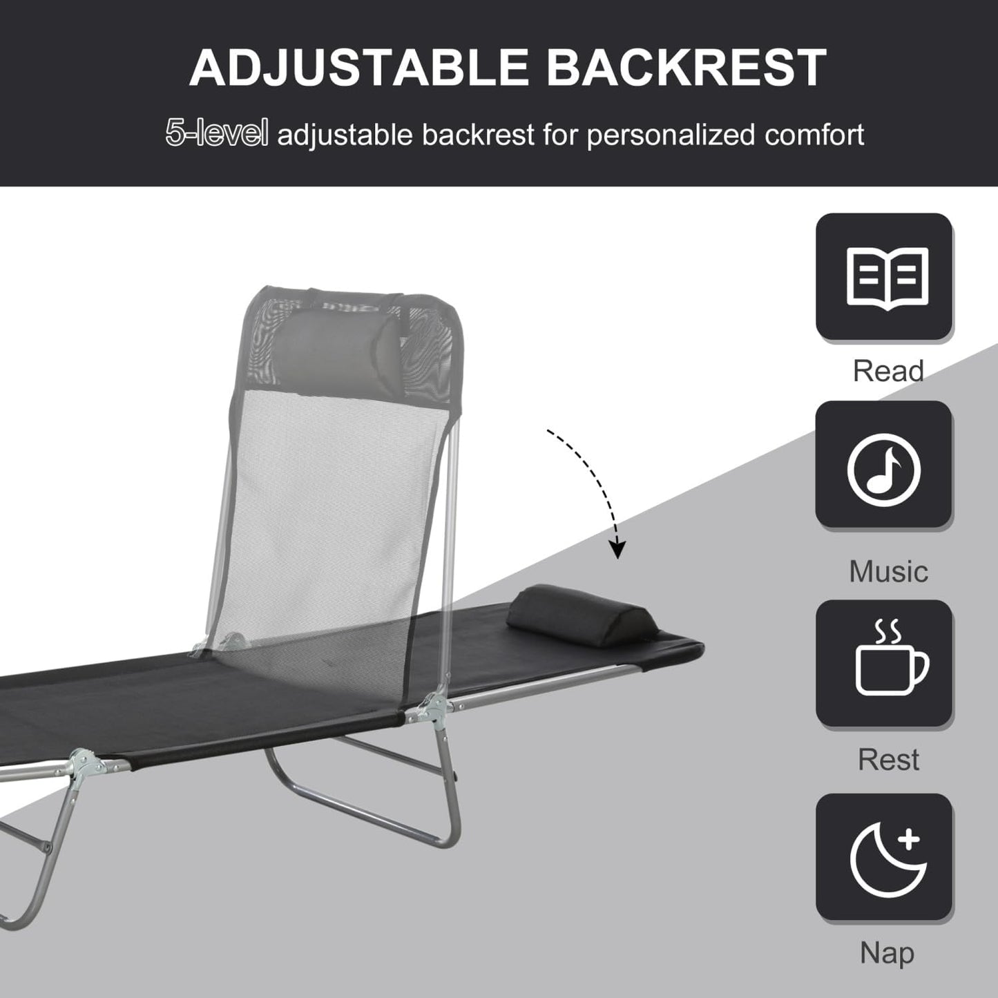 Folding Chaise Lounge Chair with Adjustable Backrest, Outdoor Sun Lounger for Poolside, Beach, Patio, Lawn & Garden Relaxation