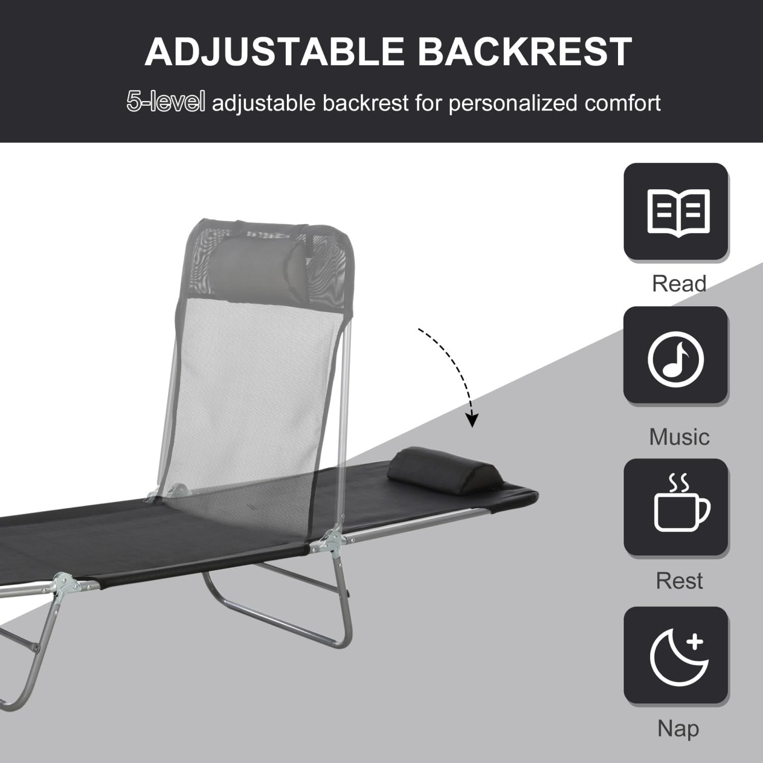 Folding Chaise Lounge Chair with Adjustable Backrest, Outdoor Sun Lounger for Poolside, Beach, Patio, Lawn & Garden Relaxation
