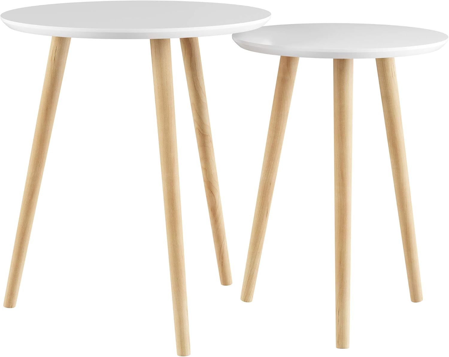 Modern Nesting Round Side Tables Set of 2 – Mid-Century Accent Tables for Living Room, Bedroom & Home Office – Space-Saving Stackable End Table Set – White & Natural Finish