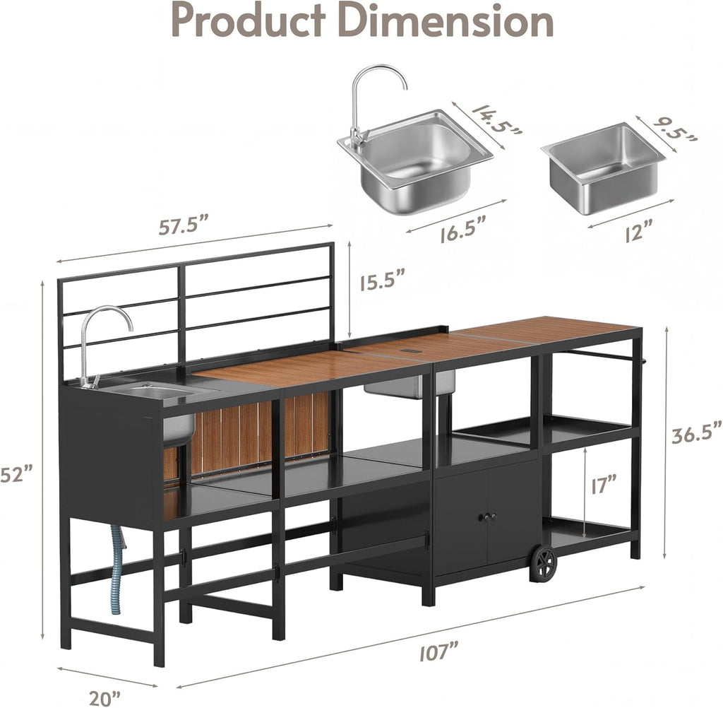 Modular Outdoor Kitchen Island with Aluminum Cabinets, Stainless Steel Sink & Food-Safe Countertop for Patio, Deck & Backyard Entertaining