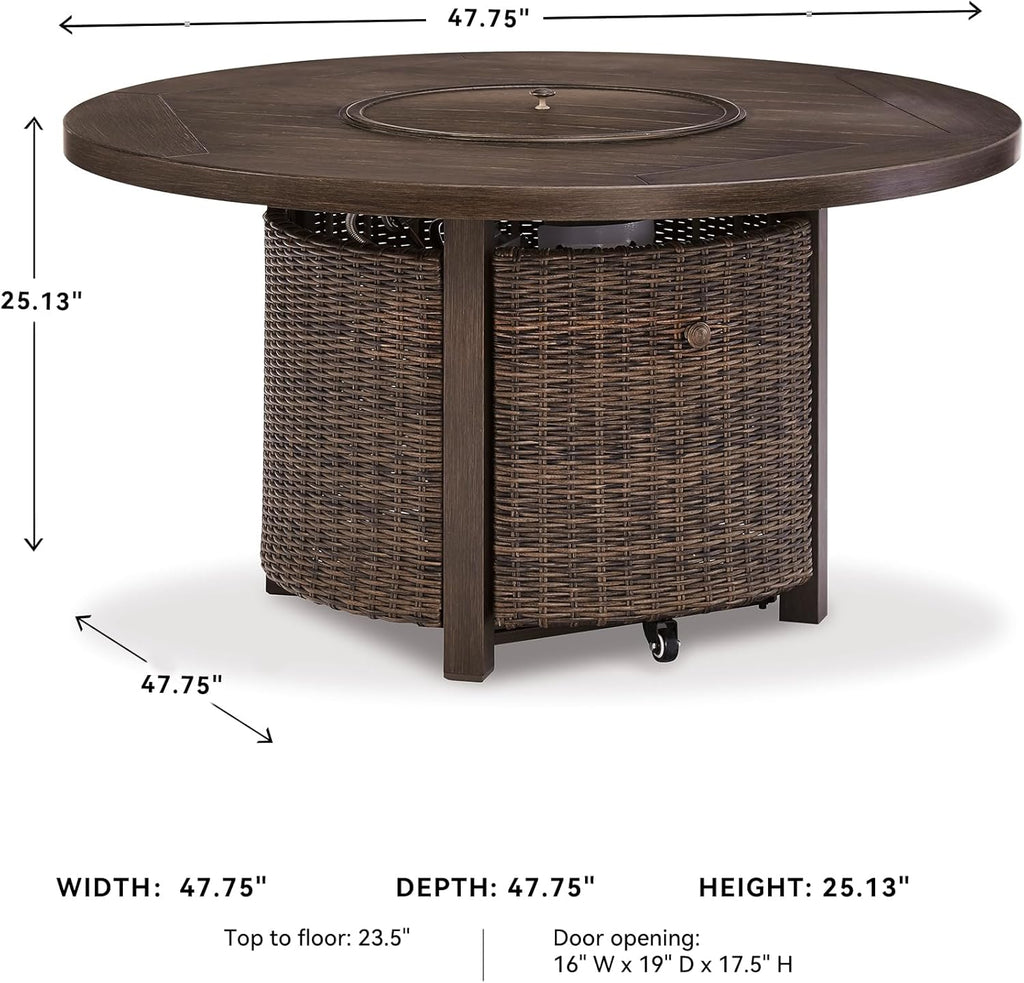 Outdoor Round Wicker Fire Pit Table, Patio Gas Fire Table with Glass Guard, Cozy Backyard Heating & Conversation Table for Garden, Deck & Porch