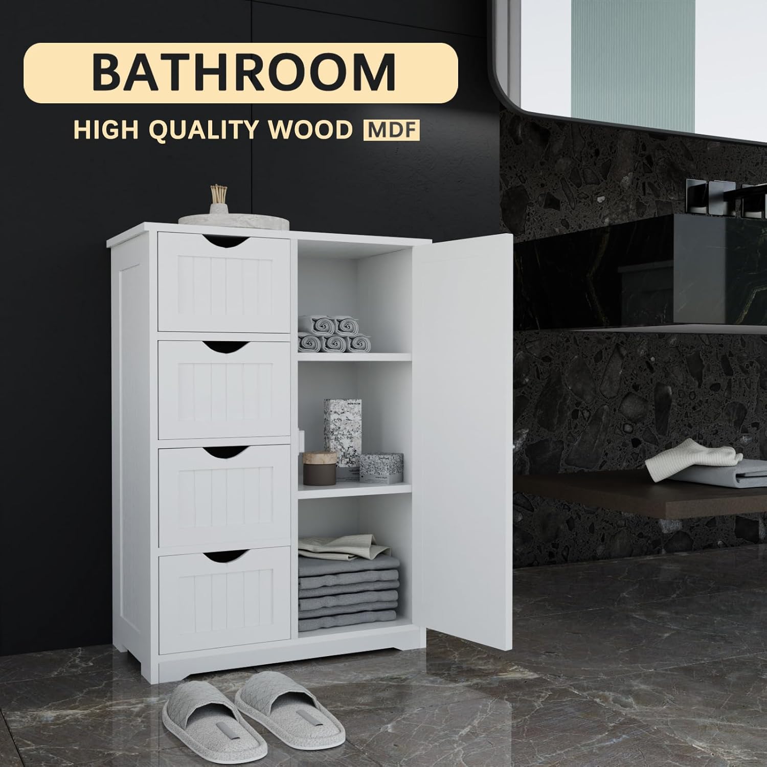 Freestanding Bathroom Storage Cabinet with Drawers and Adjustable Shelves, Modern Tall Organizer for Bathroom, Laundry Room, Living Room & Entryway