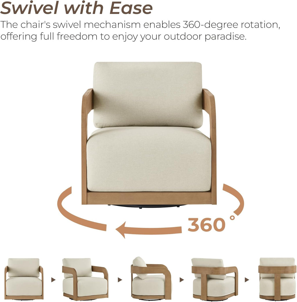 360° Outdoor Swivel Patio Chair with Thick Cushions, Solid Eucalyptus Wood Lounge Chair for Porch, Garden, Deck & Backyard