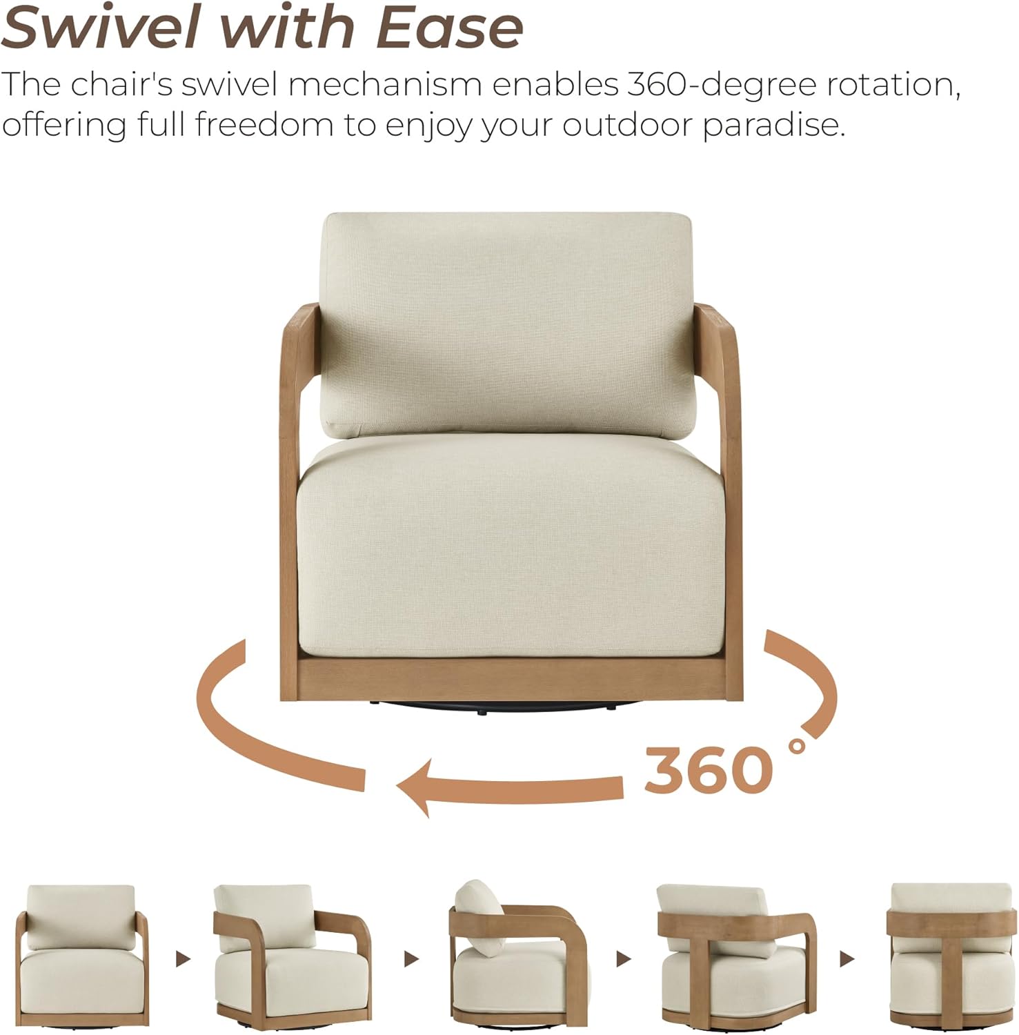 360° Outdoor Swivel Patio Chair with Thick Cushions, Solid Eucalyptus Wood Lounge Chair for Porch, Garden, Deck & Backyard