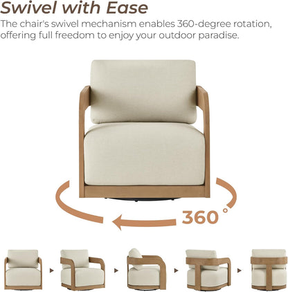 360° Outdoor Swivel Patio Chair with Thick Cushions, Solid Eucalyptus Wood Lounge Chair for Porch, Garden, Deck & Backyard