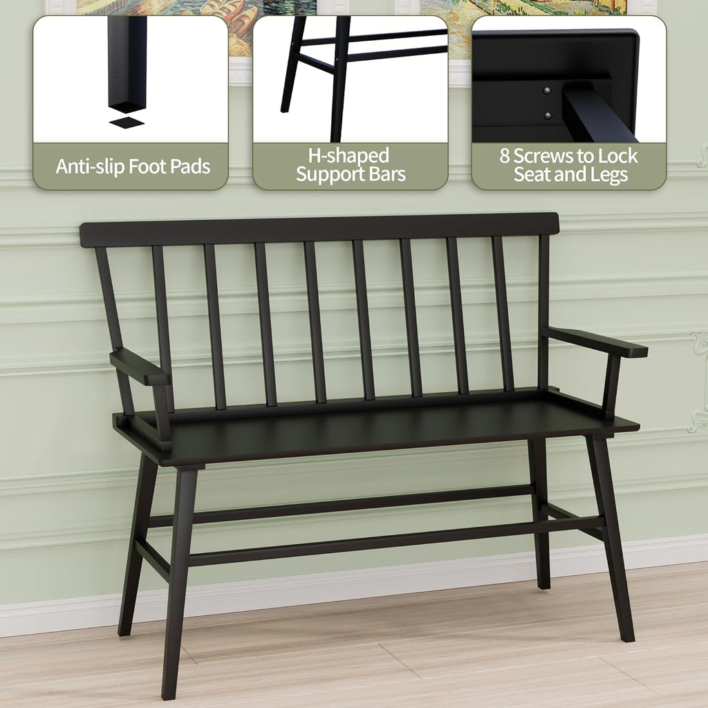 Farmhouse Bamboo Dining Bench with Spindle Back, Windsor Style Entryway Bench for Dining Room, Foyer, Living Room & Balcony Seating