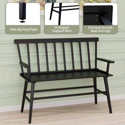Farmhouse Bamboo Dining Bench with Spindle Back, Windsor Style Entryway Bench for Dining Room, Foyer, Living Room & Balcony Seating