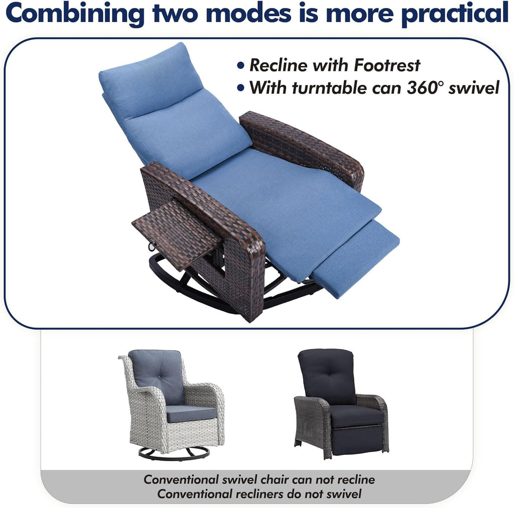 Set of 2 Outdoor Wicker Recliner Chairs with Adjustable Backrest, Extendable Footrest, Flip-Up Side Table & Cushions for Patio, Porch & Garden