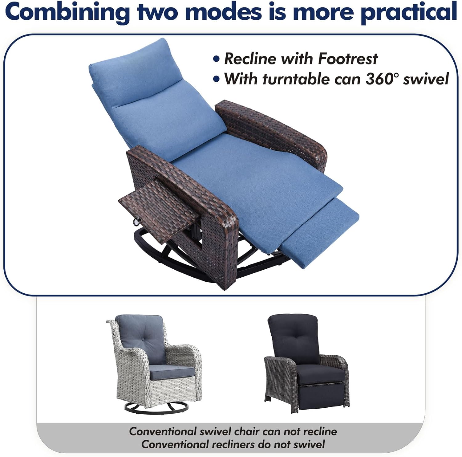 Set of 2 Outdoor Wicker Recliner Chairs with Adjustable Backrest, Extendable Footrest, Flip-Up Side Table & Cushions for Patio, Porch & Garden