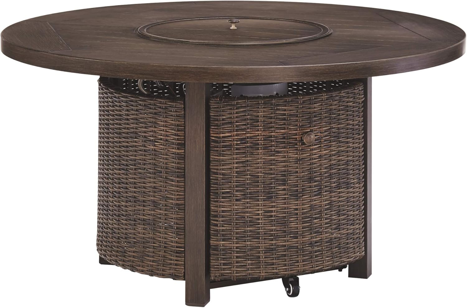 Outdoor Round Wicker Fire Pit Table, Patio Gas Fire Table with Glass Guard, Cozy Backyard Heating & Conversation Table for Garden, Deck & Porch