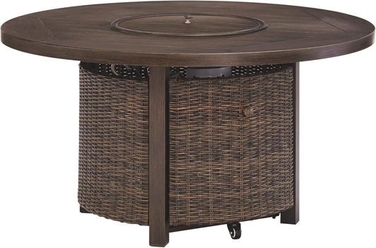 Outdoor Round Wicker Fire Pit Table, Patio Gas Fire Table with Glass Guard, Cozy Backyard Heating & Conversation Table for Garden, Deck & Porch