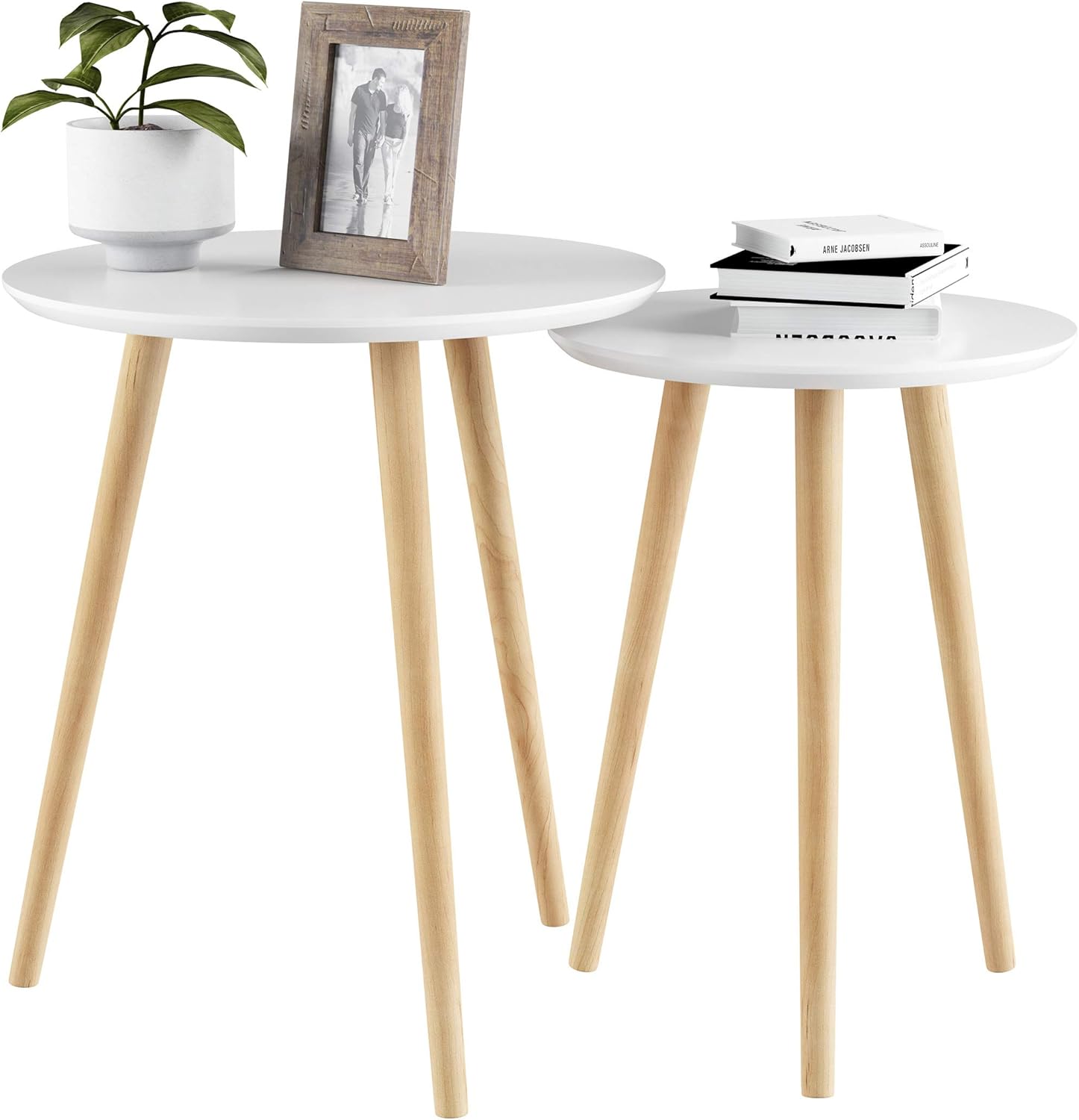 Modern Nesting Round Side Tables Set of 2 – Mid-Century Accent Tables for Living Room, Bedroom & Home Office – Space-Saving Stackable End Table Set – White & Natural Finish