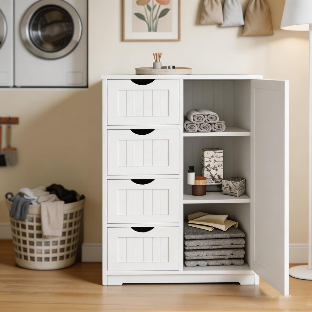 Freestanding Bathroom Storage Cabinet with Drawers and Adjustable Shelves, Modern Tall Organizer for Bathroom, Laundry Room, Living Room & Entryway