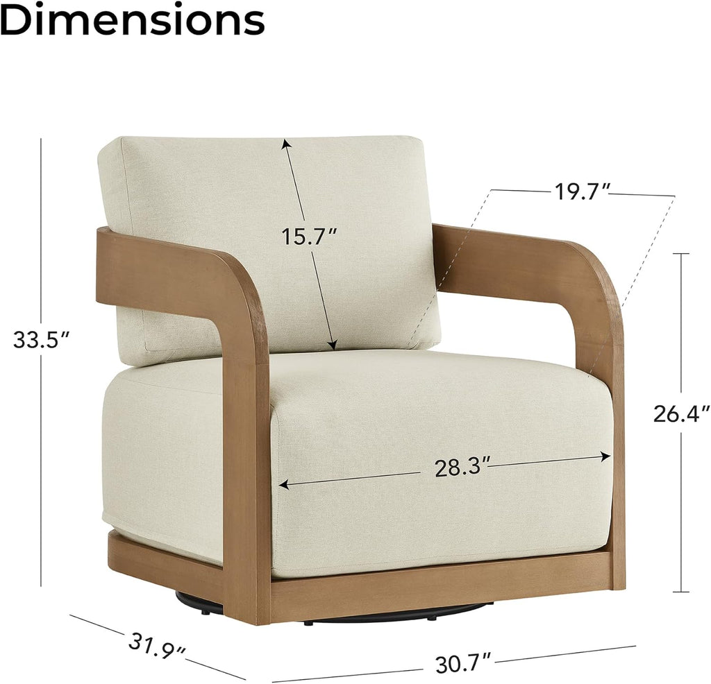 360° Outdoor Swivel Patio Chair with Thick Cushions, Solid Eucalyptus Wood Lounge Chair for Porch, Garden, Deck & Backyard