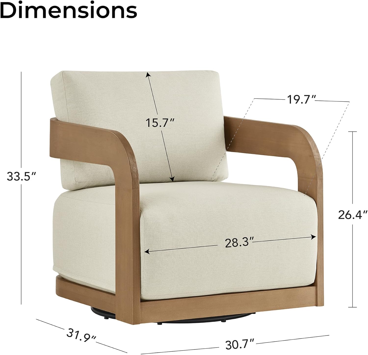 360° Outdoor Swivel Patio Chair with Thick Cushions, Solid Eucalyptus Wood Lounge Chair for Porch, Garden, Deck & Backyard