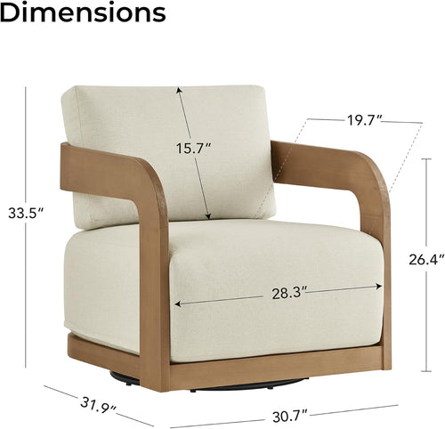360° Outdoor Swivel Patio Chair with Thick Cushions, Solid Eucalyptus Wood Lounge Chair for Porch, Garden, Deck & Backyard