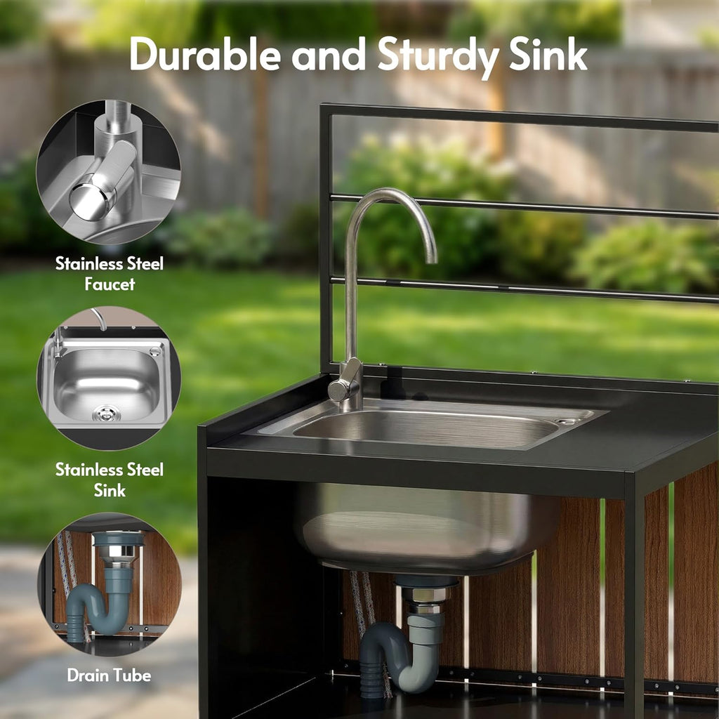 Modular Outdoor Kitchen Island with Aluminum Cabinets, Stainless Steel Sink & Food-Safe Countertop for Patio, Deck & Backyard Entertaining