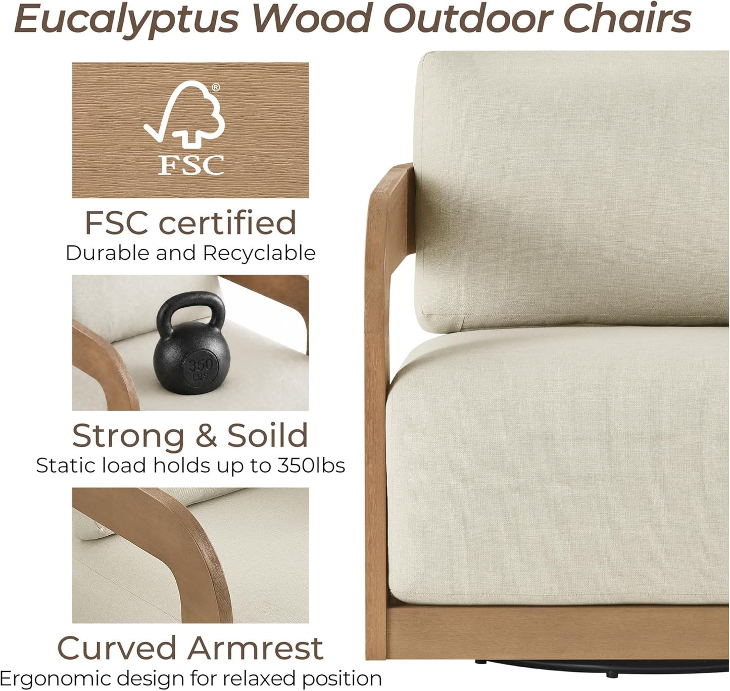 360° Outdoor Swivel Patio Chair with Thick Cushions, Solid Eucalyptus Wood Lounge Chair for Porch, Garden, Deck & Backyard