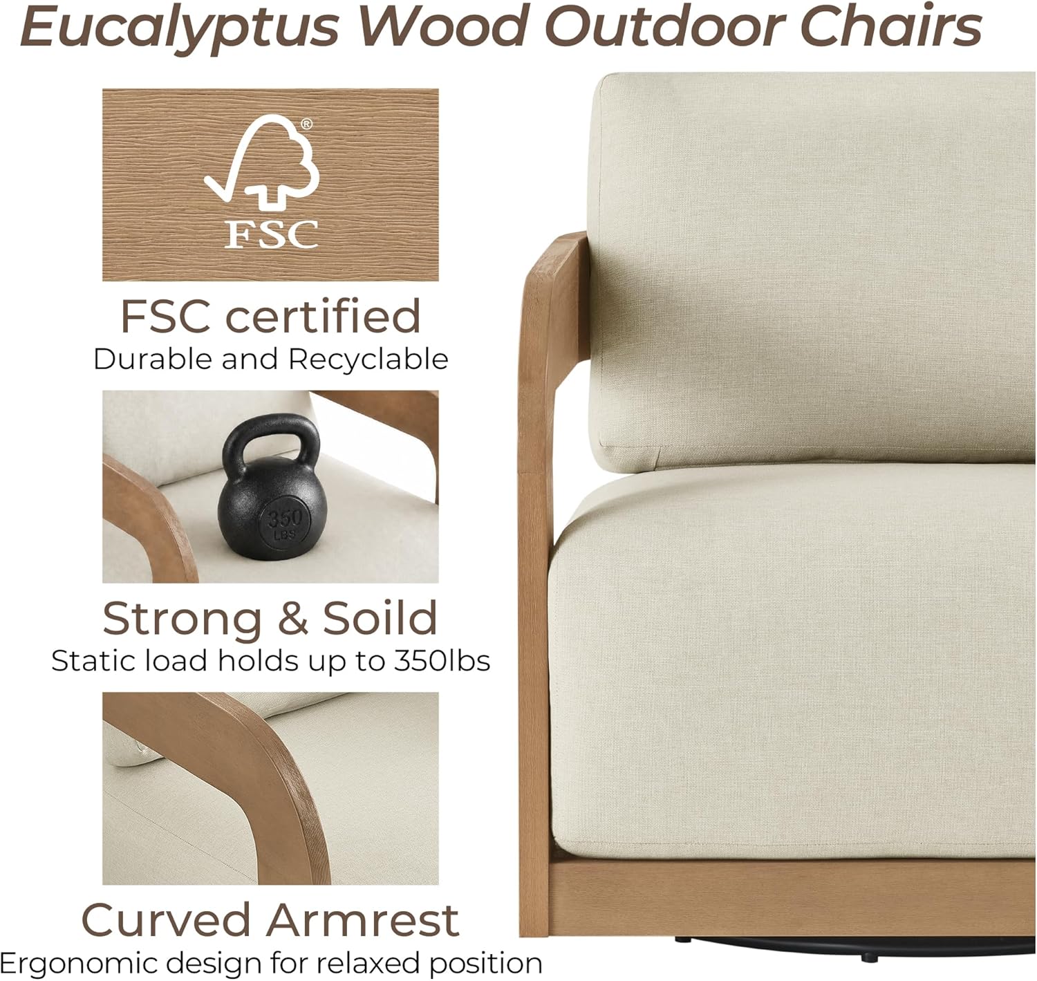 360° Outdoor Swivel Patio Chair with Thick Cushions, Solid Eucalyptus Wood Lounge Chair for Porch, Garden, Deck & Backyard