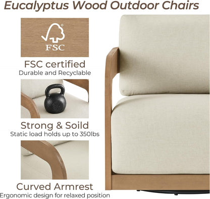 360° Outdoor Swivel Patio Chair with Thick Cushions, Solid Eucalyptus Wood Lounge Chair for Porch, Garden, Deck & Backyard