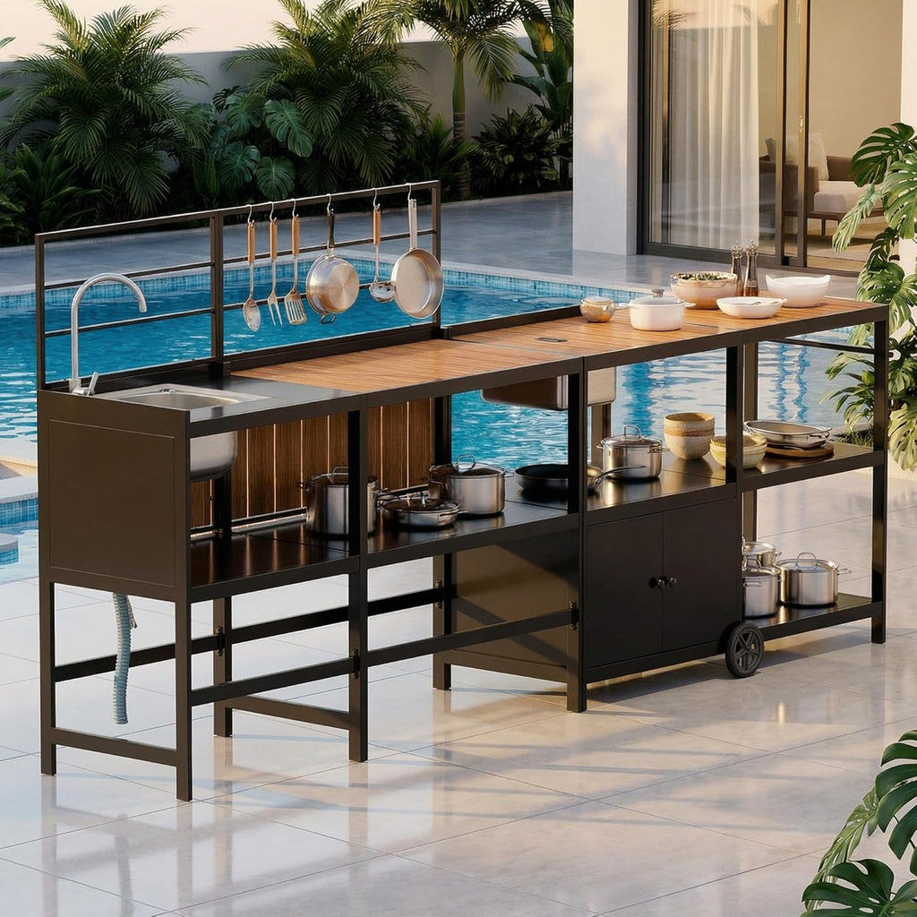 Modular Outdoor Kitchen Island with Aluminum Cabinets, Stainless Steel Sink & Food-Safe Countertop for Patio, Deck & Backyard Entertaining