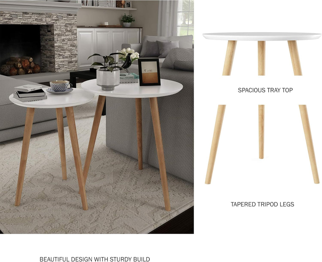 Modern Nesting Round Side Tables Set of 2 – Mid-Century Accent Tables for Living Room, Bedroom & Home Office – Space-Saving Stackable End Table Set – White & Natural Finish
