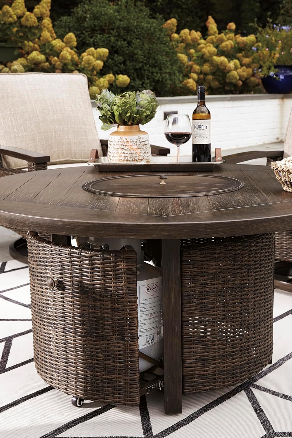 Outdoor Round Wicker Fire Pit Table, Patio Gas Fire Table with Glass Guard, Cozy Backyard Heating & Conversation Table for Garden, Deck & Porch