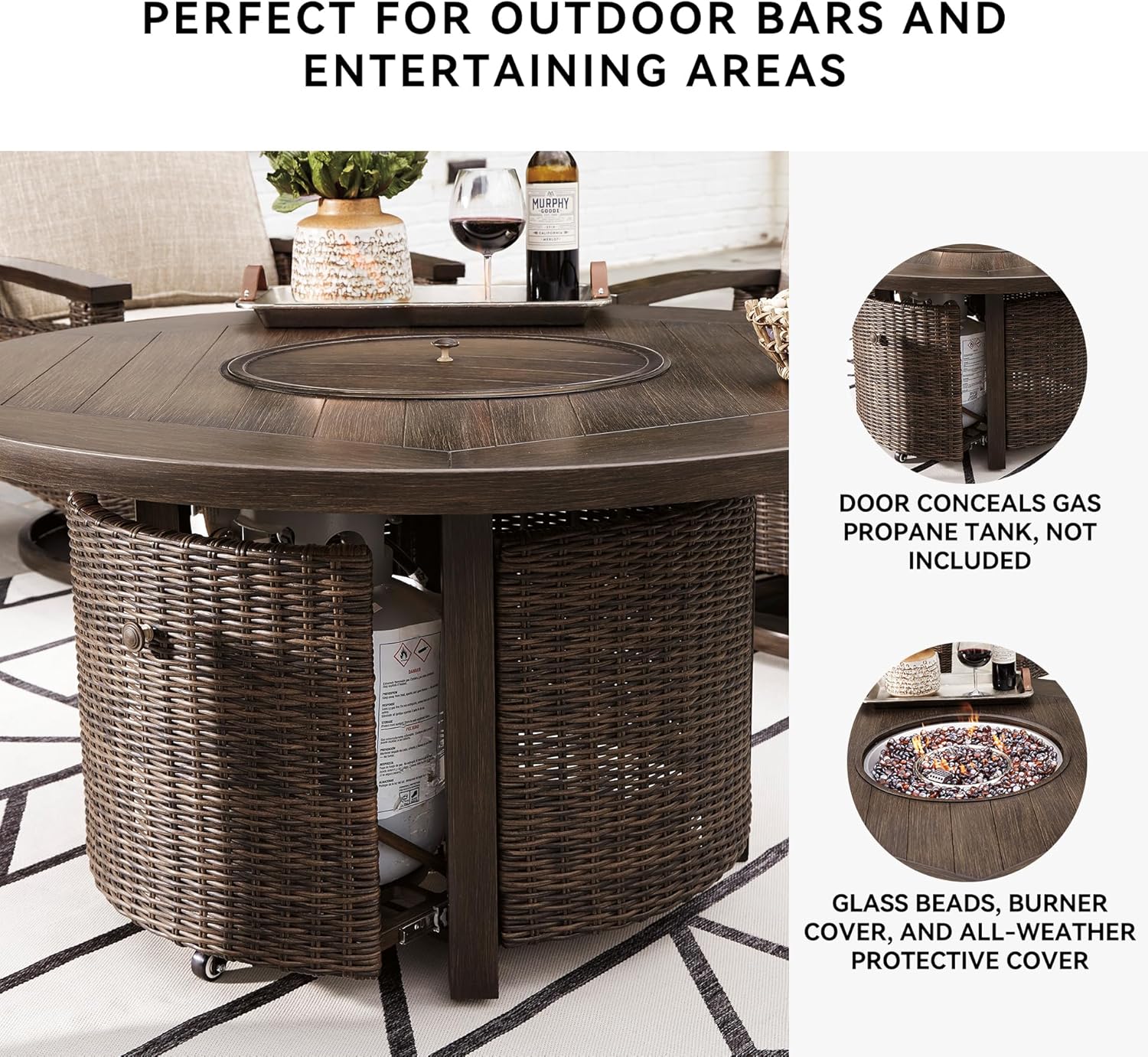 Outdoor Round Wicker Fire Pit Table, Patio Gas Fire Table with Glass Guard, Cozy Backyard Heating & Conversation Table for Garden, Deck & Porch