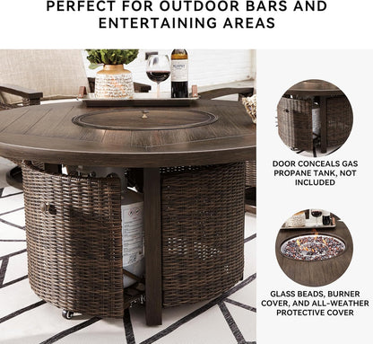 Outdoor Round Wicker Fire Pit Table, Patio Gas Fire Table with Glass Guard, Cozy Backyard Heating & Conversation Table for Garden, Deck & Porch