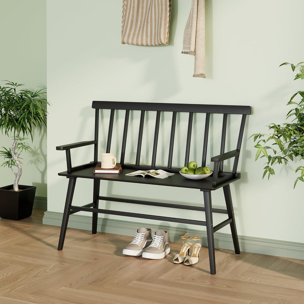 Farmhouse Bamboo Dining Bench with Spindle Back, Windsor Style Entryway Bench for Dining Room, Foyer, Living Room & Balcony Seating