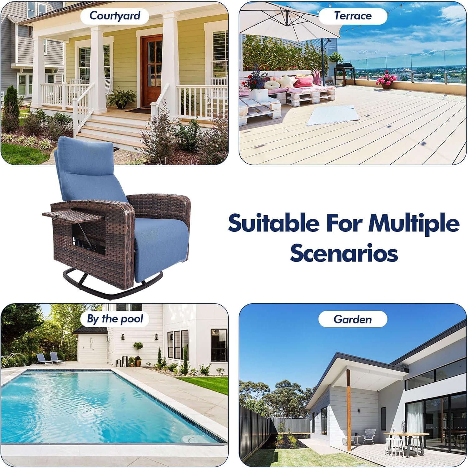 Set of 2 Outdoor Wicker Recliner Chairs with Adjustable Backrest, Extendable Footrest, Flip-Up Side Table & Cushions for Patio, Porch & Garden
