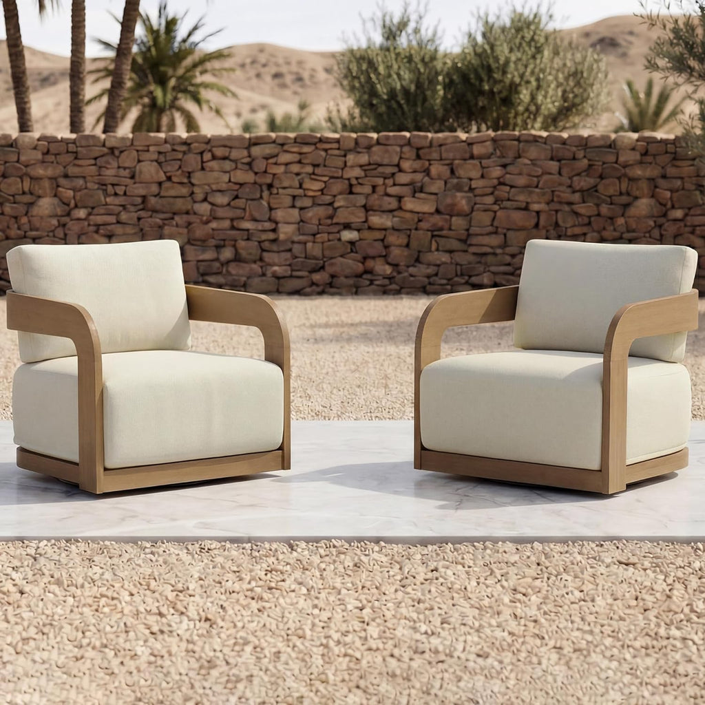 360° Outdoor Swivel Patio Chair with Thick Cushions, Solid Eucalyptus Wood Lounge Chair for Porch, Garden, Deck & Backyard