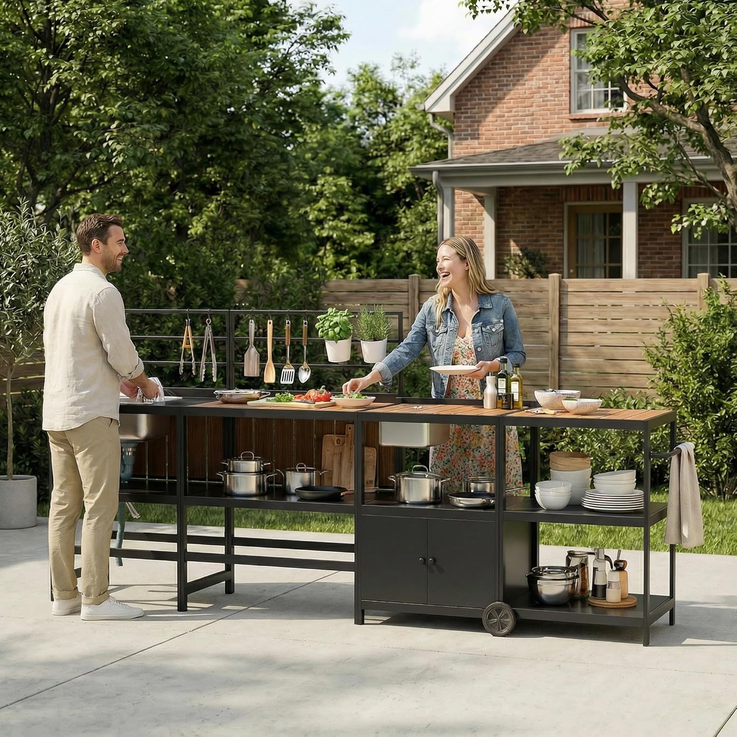 Modular Outdoor Kitchen Island with Aluminum Cabinets, Stainless Steel Sink & Food-Safe Countertop for Patio, Deck & Backyard Entertaining