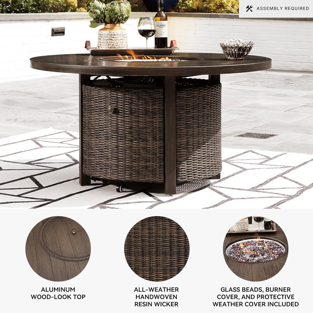 Outdoor Round Wicker Fire Pit Table, Patio Gas Fire Table with Glass Guard, Cozy Backyard Heating & Conversation Table for Garden, Deck & Porch