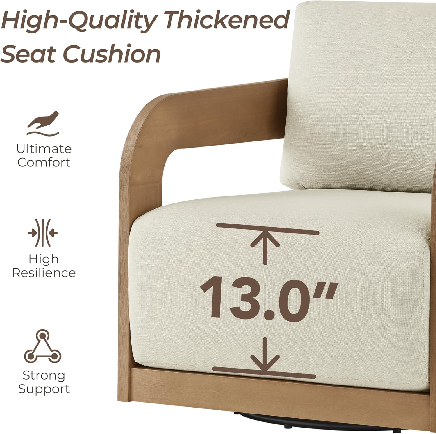 360° Outdoor Swivel Patio Chair with Thick Cushions, Solid Eucalyptus Wood Lounge Chair for Porch, Garden, Deck & Backyard