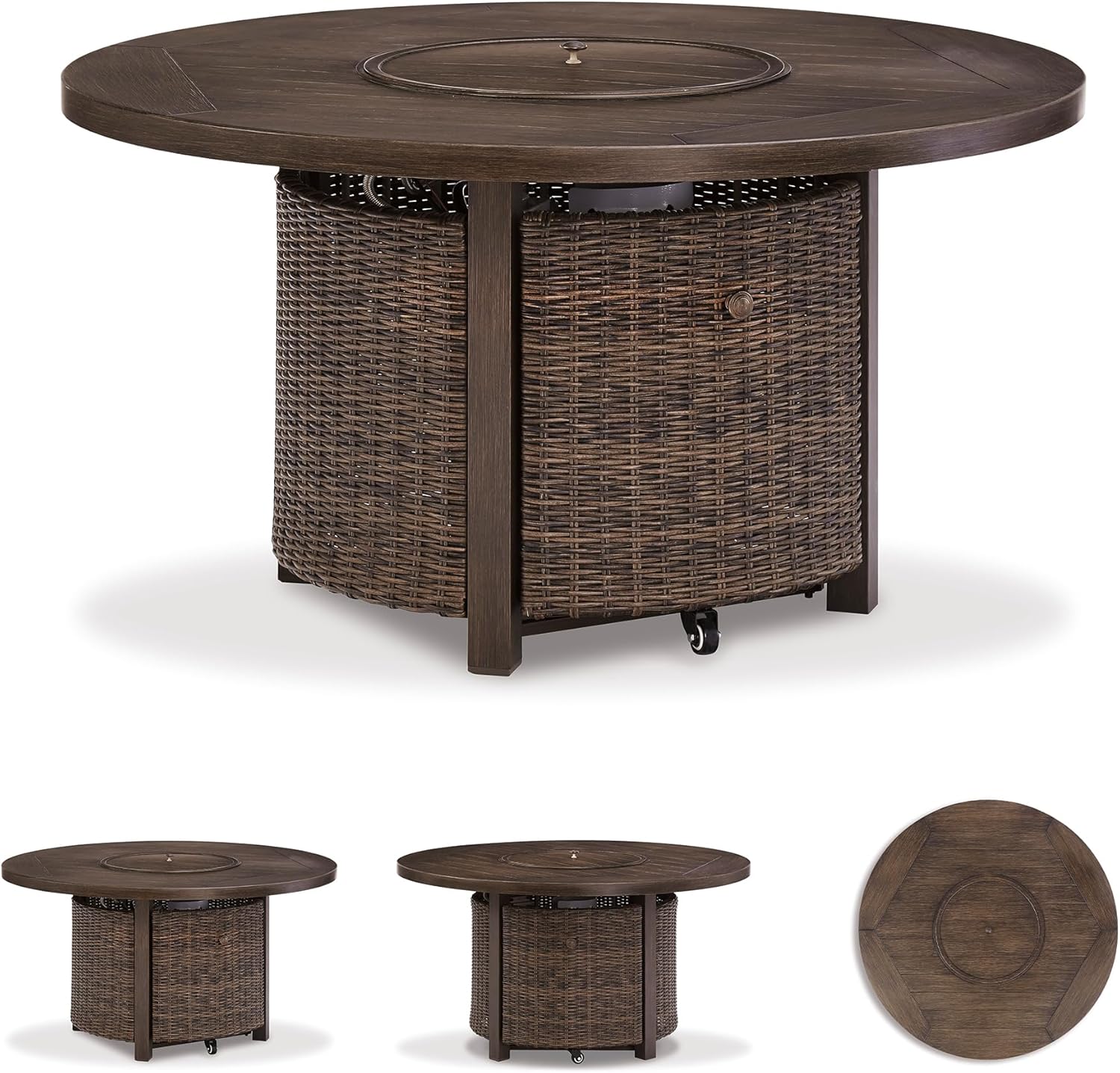 Outdoor Round Wicker Fire Pit Table, Patio Gas Fire Table with Glass Guard, Cozy Backyard Heating & Conversation Table for Garden, Deck & Porch