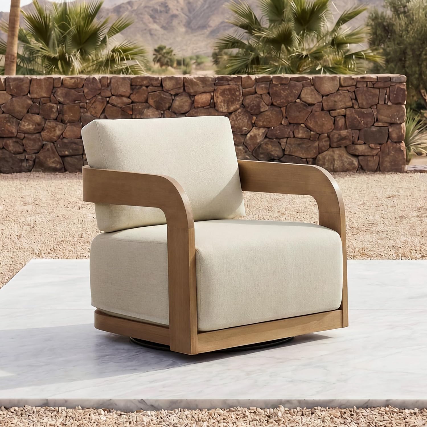 360° Outdoor Swivel Patio Chair with Thick Cushions, Solid Eucalyptus Wood Lounge Chair for Porch, Garden, Deck & Backyard
