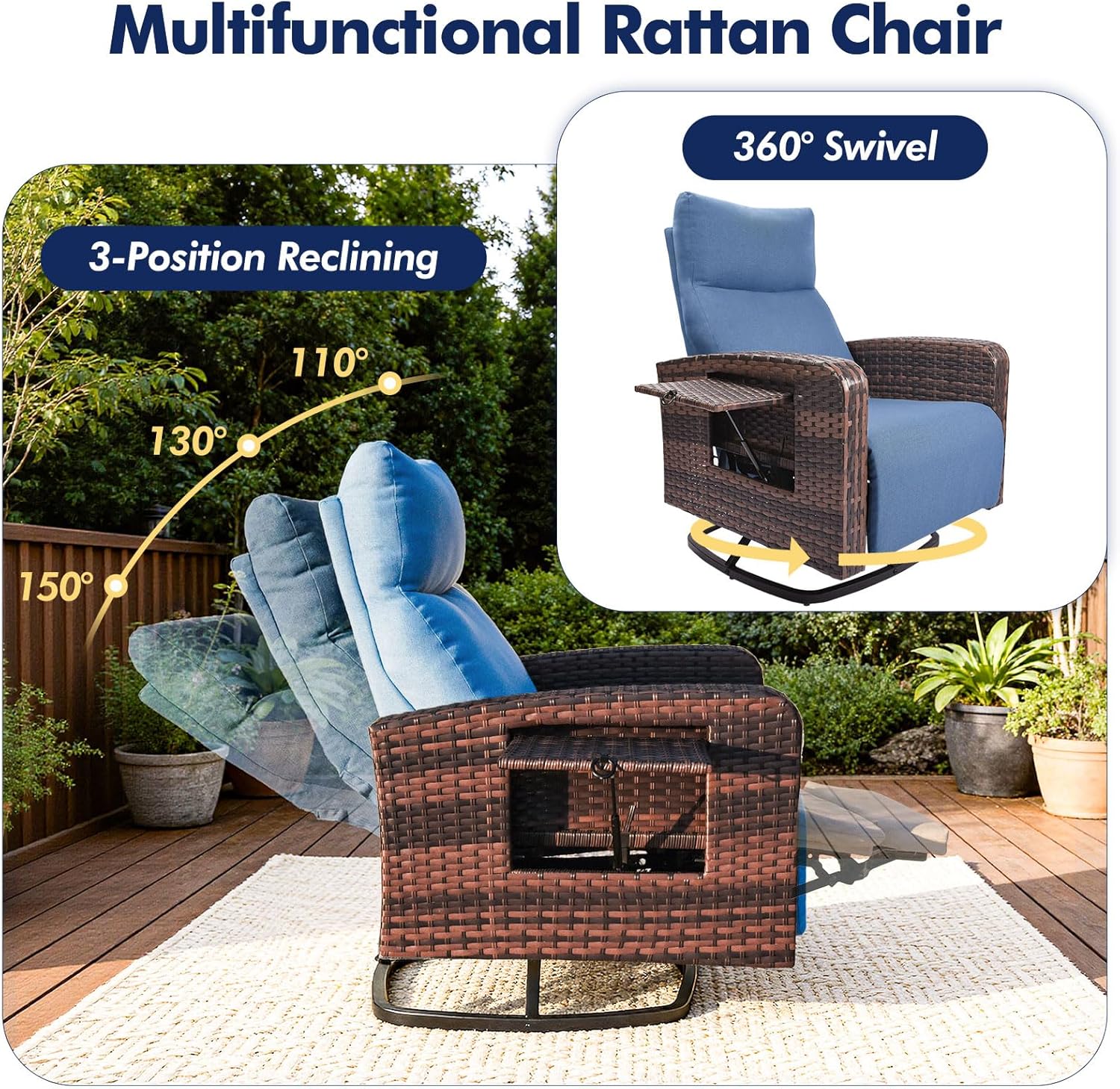 Set of 2 Outdoor Wicker Recliner Chairs with Adjustable Backrest, Extendable Footrest, Flip-Up Side Table & Cushions for Patio, Porch & Garden