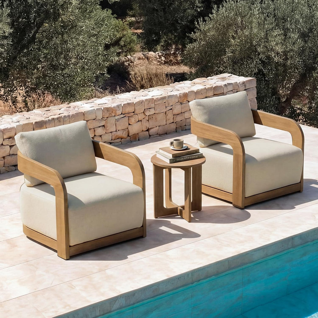360° Outdoor Swivel Patio Chair with Thick Cushions, Solid Eucalyptus Wood Lounge Chair for Porch, Garden, Deck & Backyard
