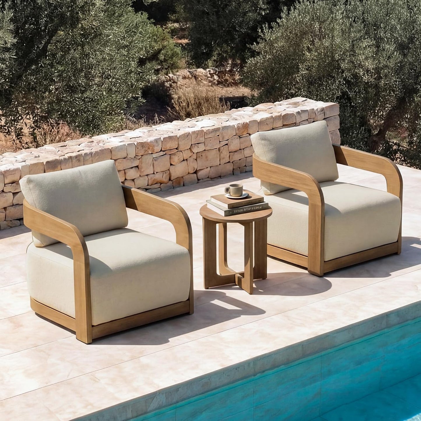 360° Outdoor Swivel Patio Chair with Thick Cushions, Solid Eucalyptus Wood Lounge Chair for Porch, Garden, Deck & Backyard