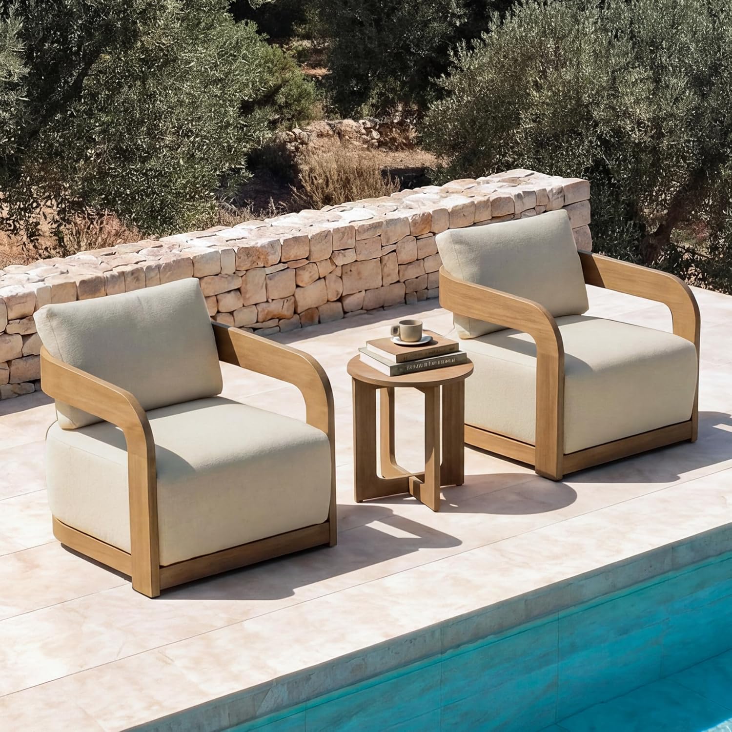 360° Outdoor Swivel Patio Chair with Thick Cushions, Solid Eucalyptus Wood Lounge Chair for Porch, Garden, Deck & Backyard