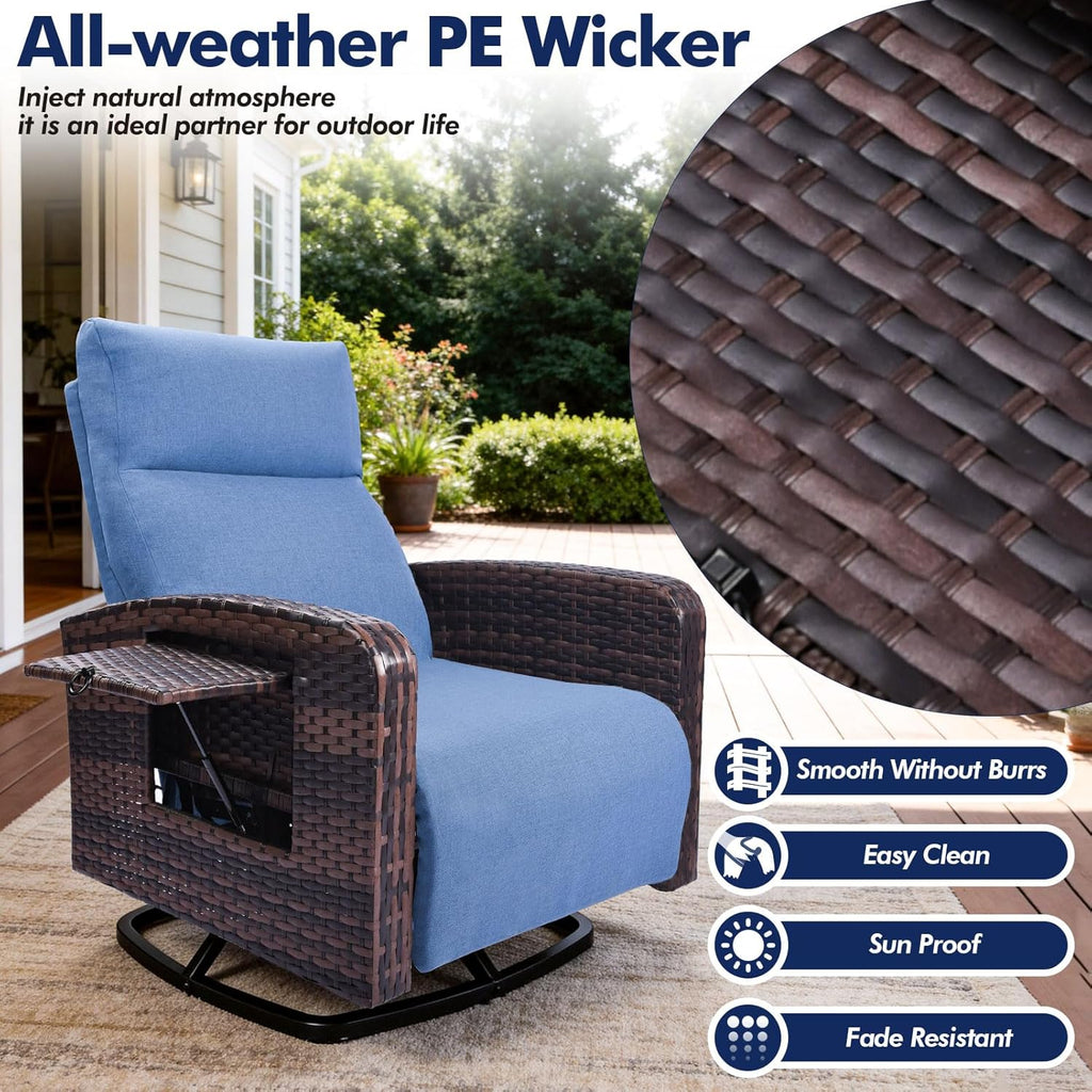 Set of 2 Outdoor Wicker Recliner Chairs with Adjustable Backrest, Extendable Footrest, Flip-Up Side Table & Cushions for Patio, Porch & Garden
