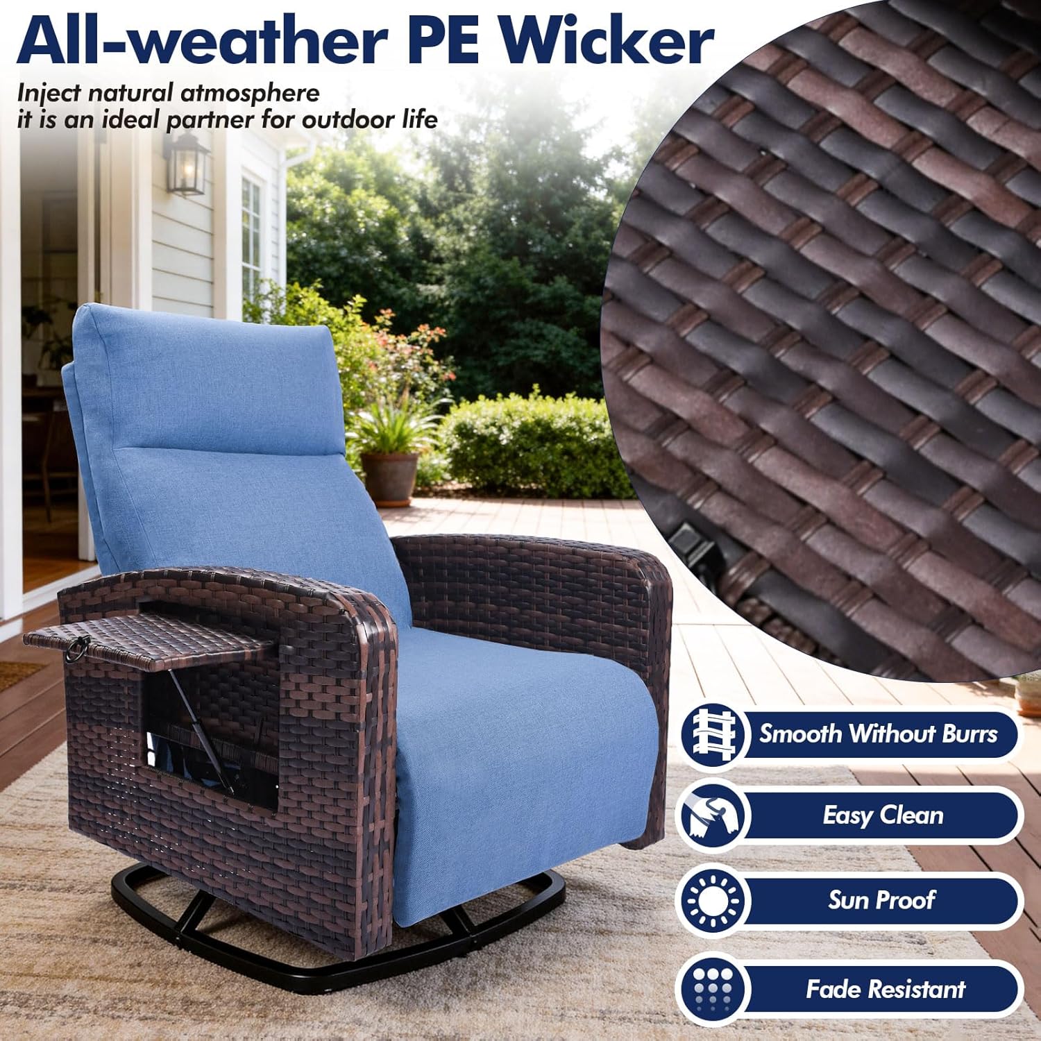 Set of 2 Outdoor Wicker Recliner Chairs with Adjustable Backrest, Extendable Footrest, Flip-Up Side Table & Cushions for Patio, Porch & Garden