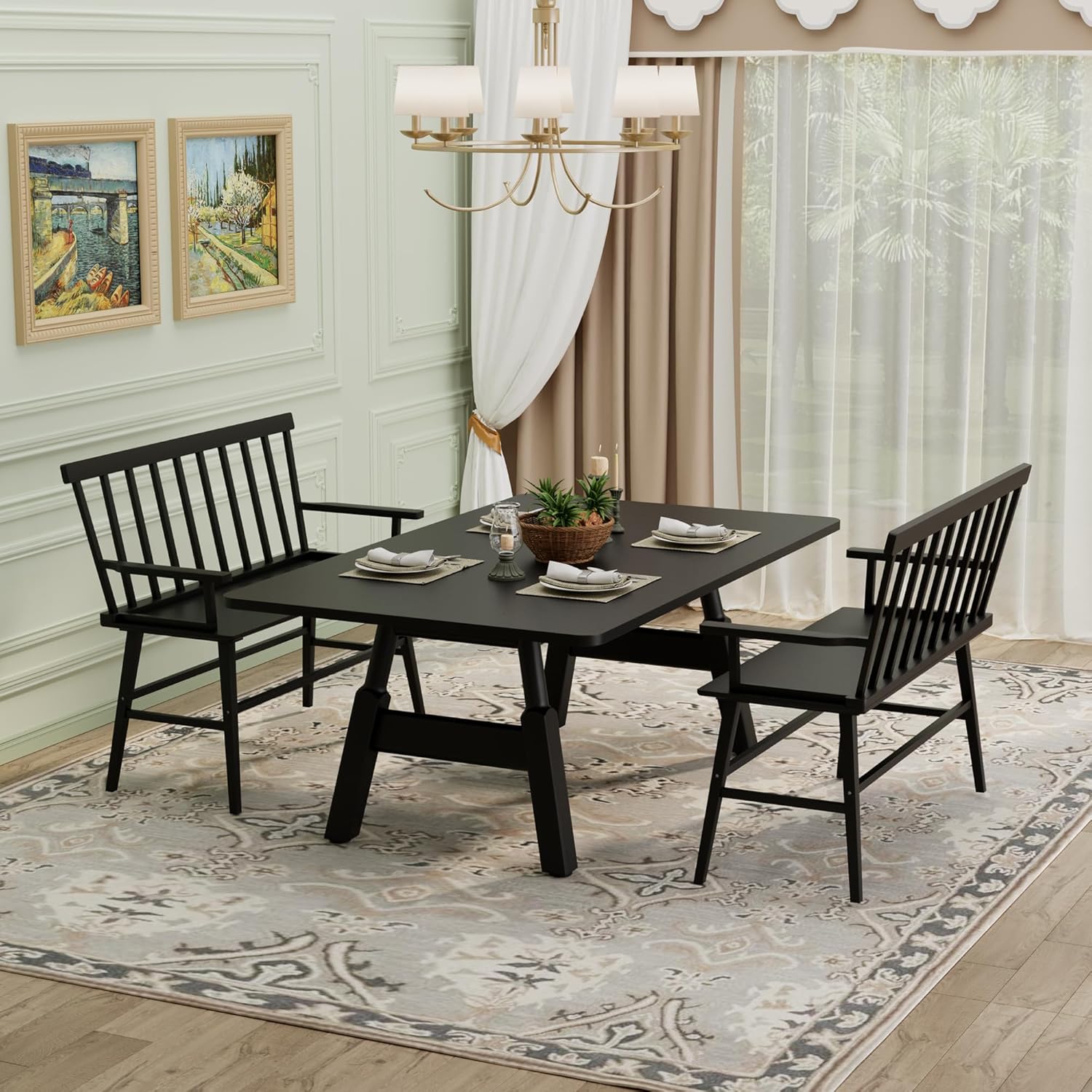 Farmhouse Bamboo Dining Bench with Spindle Back, Windsor Style Entryway Bench for Dining Room, Foyer, Living Room & Balcony Seating