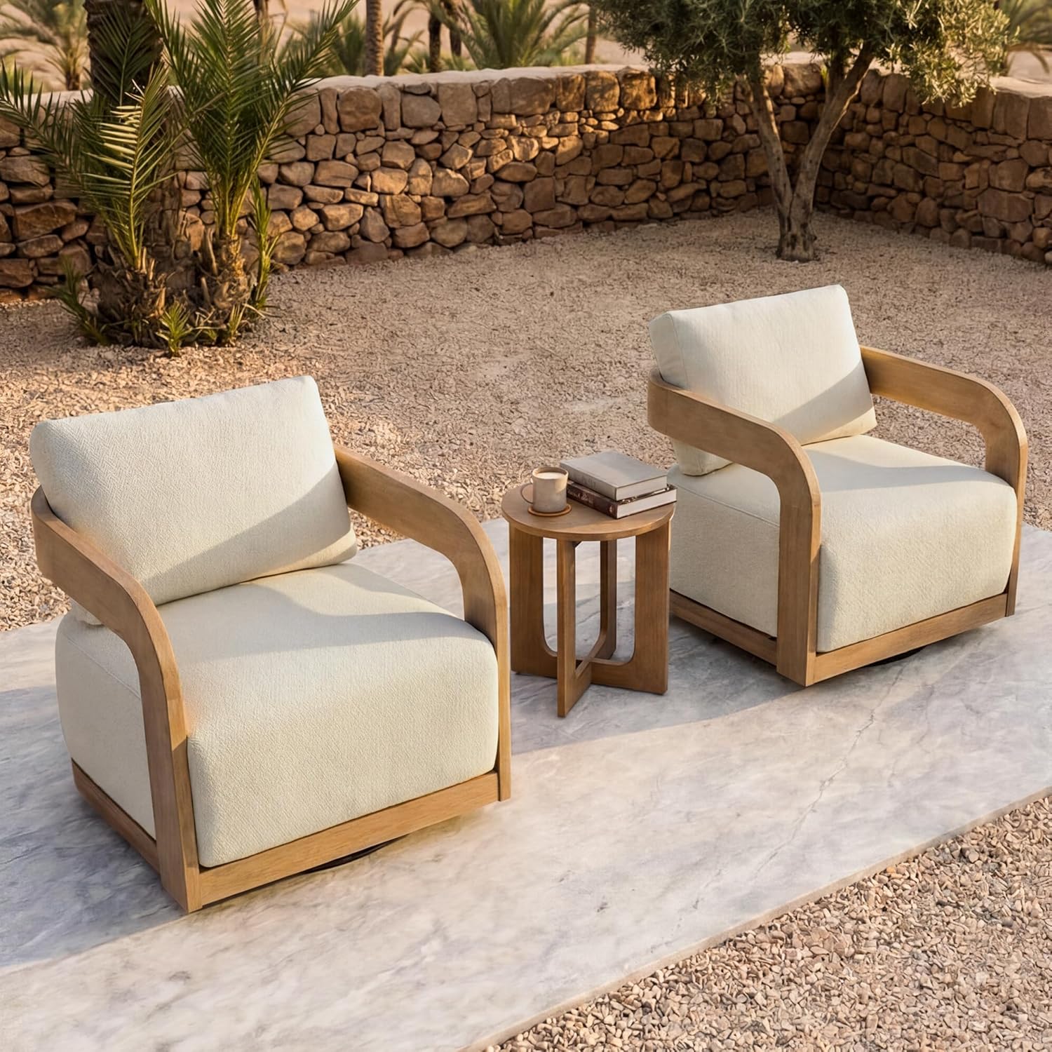 360° Outdoor Swivel Patio Chair with Thick Cushions, Solid Eucalyptus Wood Lounge Chair for Porch, Garden, Deck & Backyard
